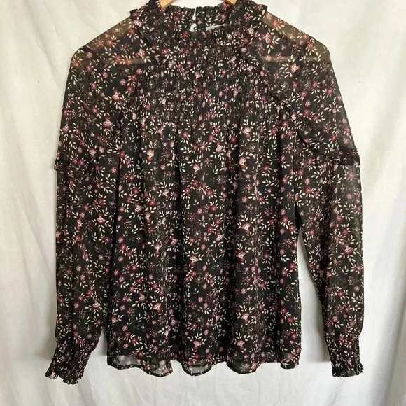 Daniel Rainn Black Floral Metallic Long Sleeve Sheer Layered Blouse Size PS - Picture 1 of 13